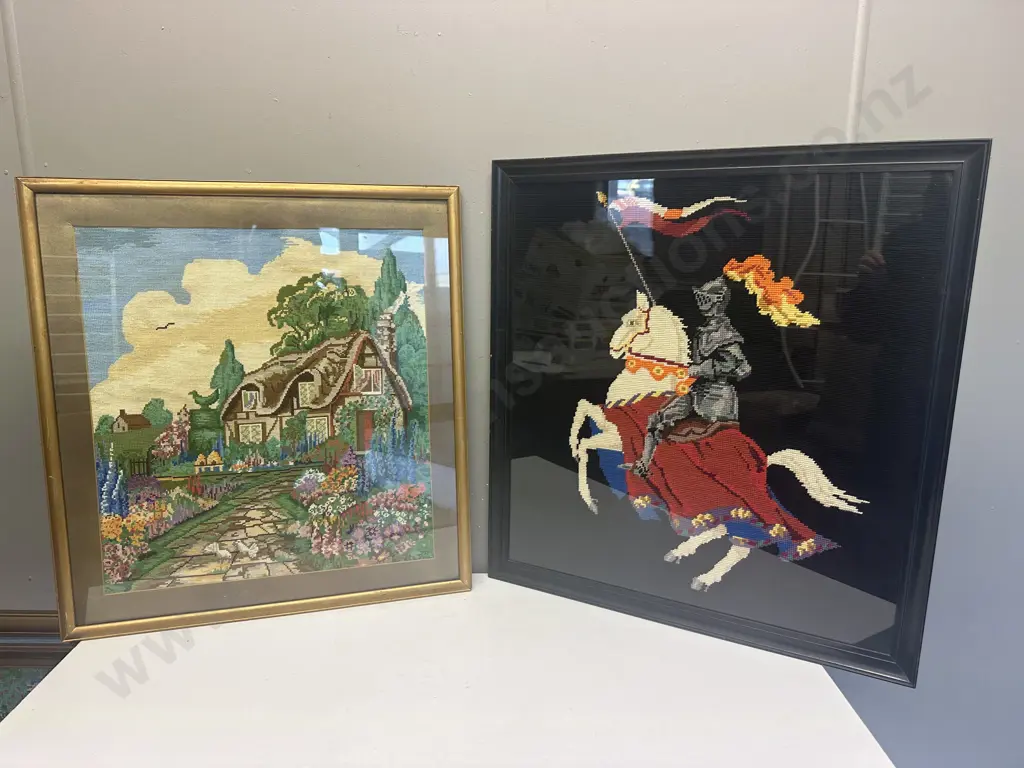 Large Framed Artwork Vintage Cross Stitch Horse & House Scene Image 1++